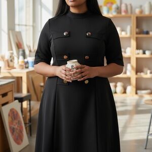 Eloquii Elegant Black Midi Dress with Button Details